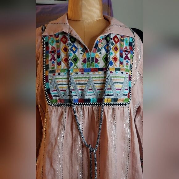 Ivy Jane Embroidered Bohemian Blouse Metallic Silver Size S - Picture 4 of 11